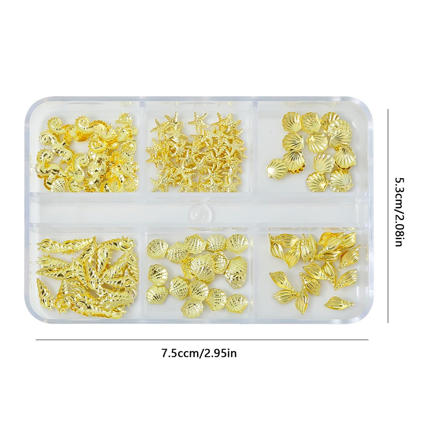 6 Grids Summer Ocean Nail Charms and Gems Marine Life Designs Nail Art Charms 3D Gold Starfish Seashell Nail Rhinestones Cute Conchs Seahorse Nail Jewelry Summer Beach Nails Decoration for Women