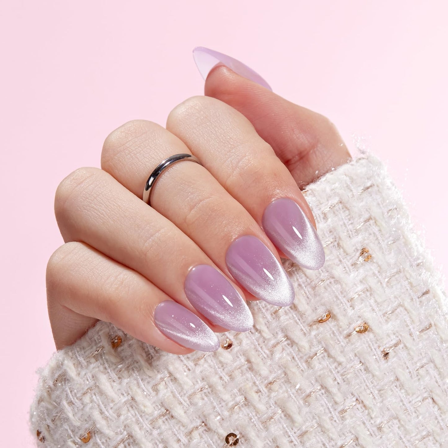 VSALON Almond Short Press On Nails, Pastel Light Purple Summer Ombre Sheer Cat Eye French Tip Light Curable Fake Nails, Reusable Stick On False Nails - 32 Pcs Nails Kit in 16 Sizes with Glues