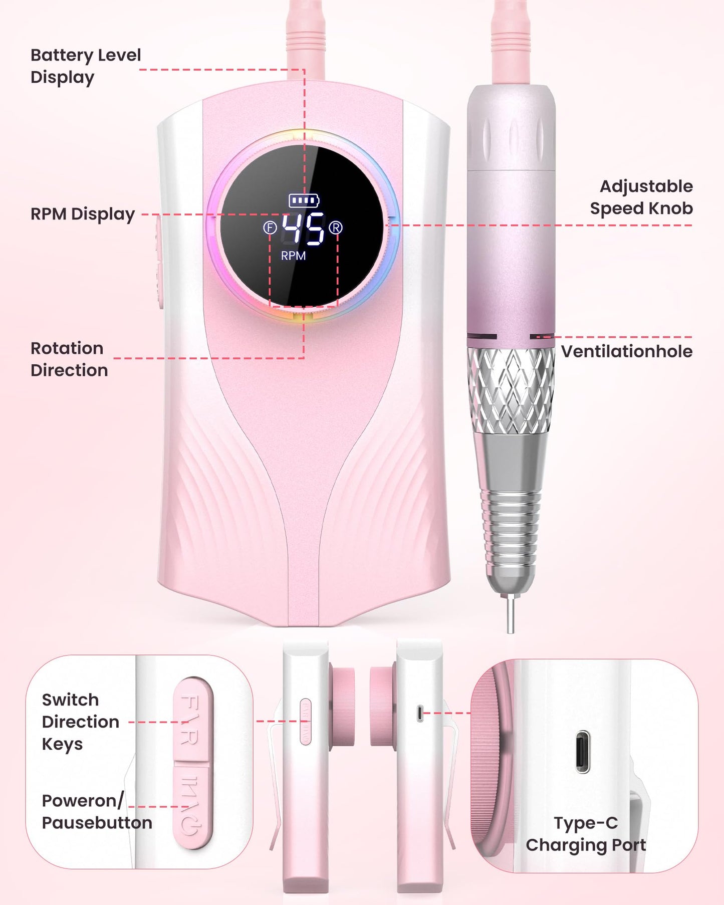 Nail Drill Professional 45000 RPM, Electric Nail File with LED Display & 45 Speeds, Rechargeable Nail Drill Kit for Acrylic Gel Nails, Manicure Pedicure at Home Salon (1800mAh-Pink)