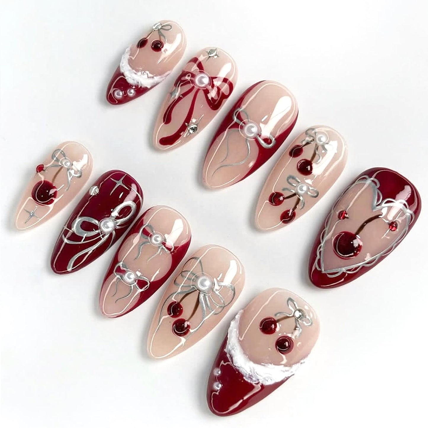 30pcs French Tip Press on Nails Medium Almond Fake Nails with 3D Bow Pearl Sweet Style French Cherry False Nails Cute Bow Press on Full Cover Artificial Glue on Nails Rhinestone Stick on for Women