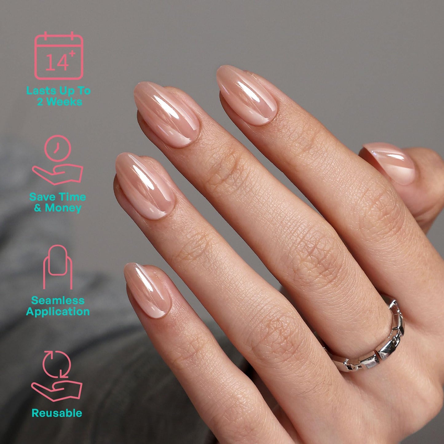 Champagne Chrome Glazed Donut Press on Nails Short - GJZEZ Soft Gel Pastel Almond Fall Fake Nails Press Ons, Ultra-Glossy Holographic Pearlescent Iridescent False Nail | 16 Sizes - 32 Reusable Nail