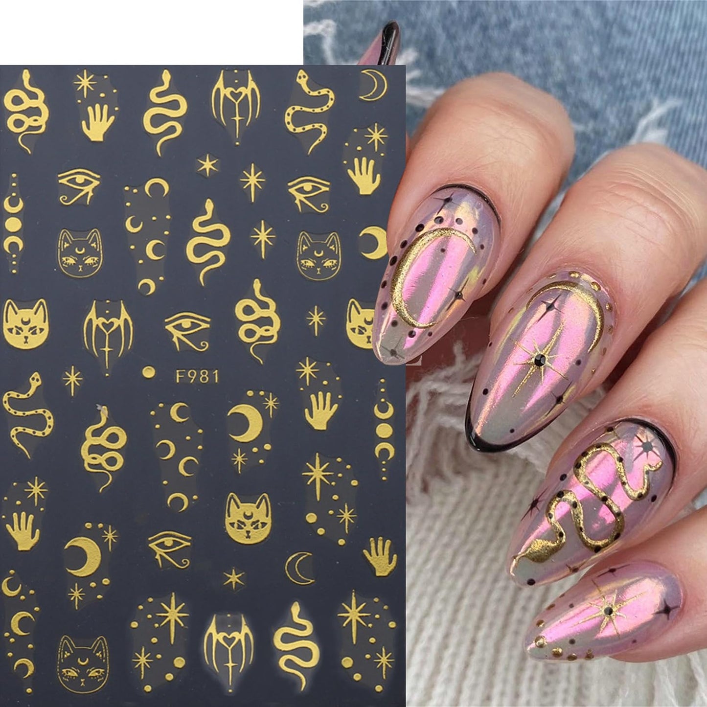 8 Sheets Gold Plastic Nail Art Stickers Decals, Star Moon Sun Designs, 3D Self-Adhesive Eyes Snake Nail Stickers for Women Girls DIY Manicure Decorations