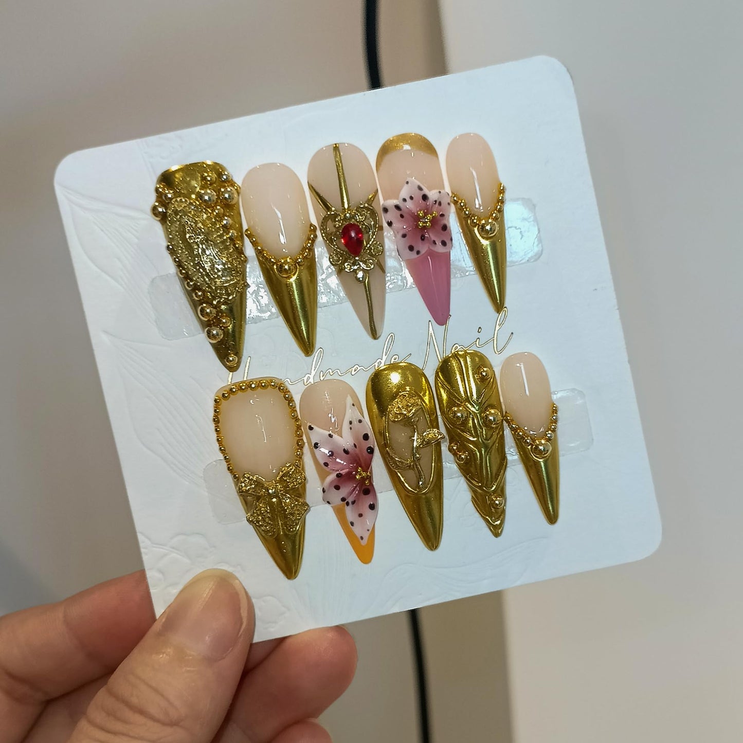TENPAL Antique Gold French Tips Press on Nails Long Stiletto,Baroque Style Fake Nails with 3D Charms Roses,Cherubs,Bows,Soft Gel Metallic Fake Nails Kit Tools 10pcs,Full Cover Vintage Luxe Nails(S)