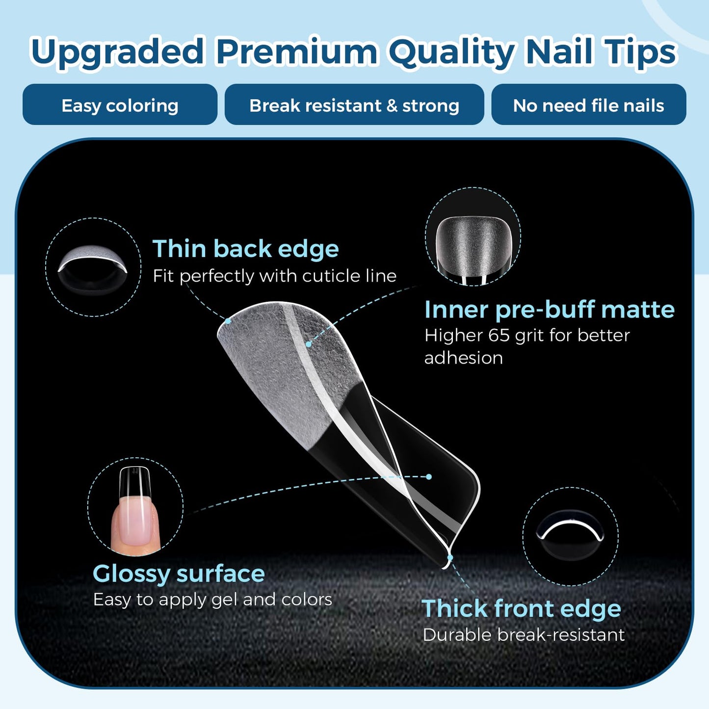 TOMICCA Medium Square Nail Tips 15 Sizes 450Pcs Pre Shaped Half Matte Full Cover Soft Acrylic Fake False Tips for Manicure Salon DIY at Home