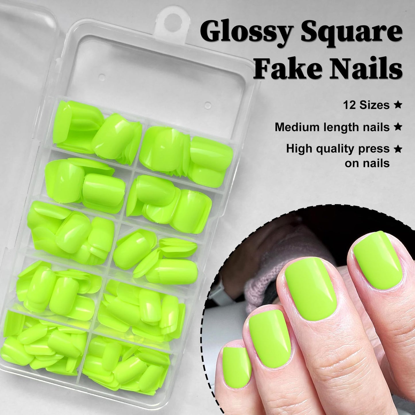 LuckForever Short Press on Nails 240pc Glossy Neon Yellow Press on Nails Short Square Round Fake Nails Full Cover 10 Sheets Nail Adhesive Tabs,Small Wooden Sticks and Nail Files False Nails for Women