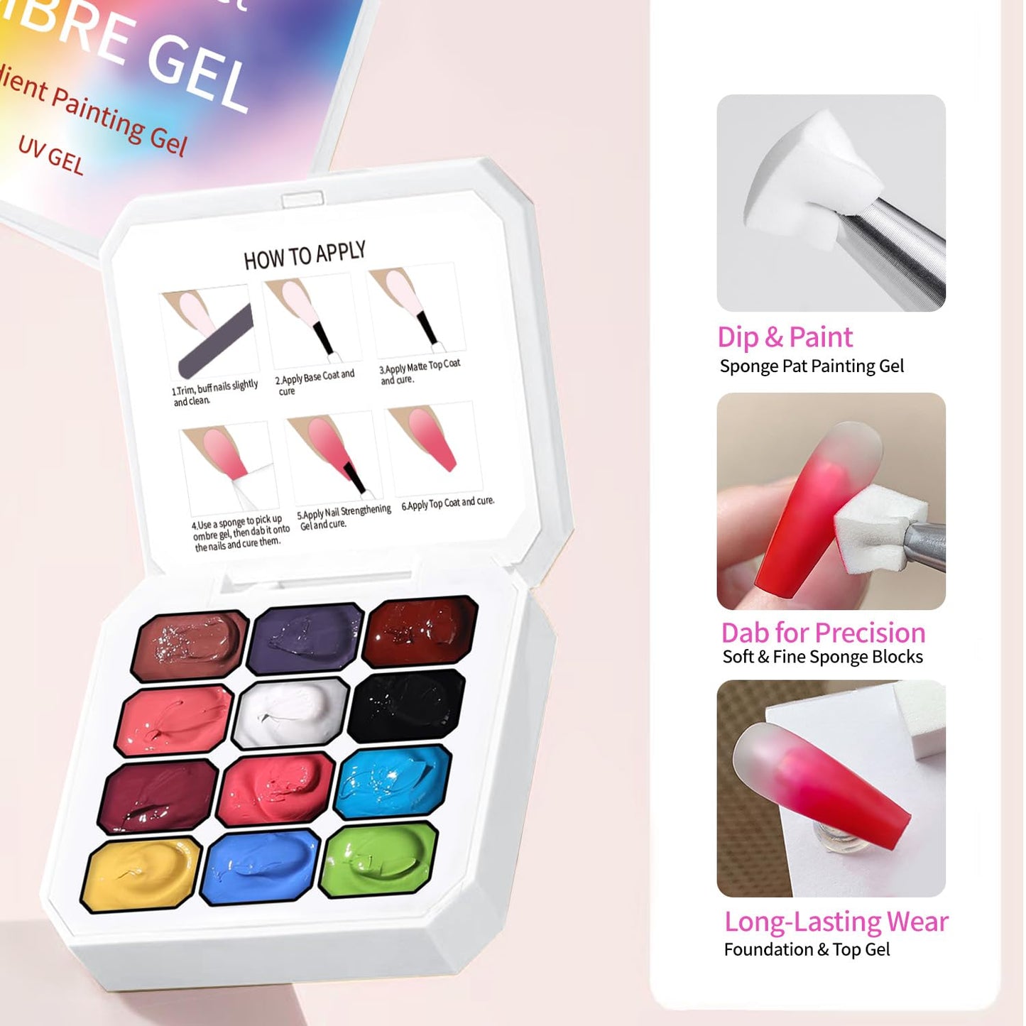AOBOO Pat Painting Gel Gradient Nail Art 12 color Ombre Nail Polish With 100pcs Nail Sponges & Grabbing Pen For Completion Of Painting Glue For Nail Art Complex Design (c1)