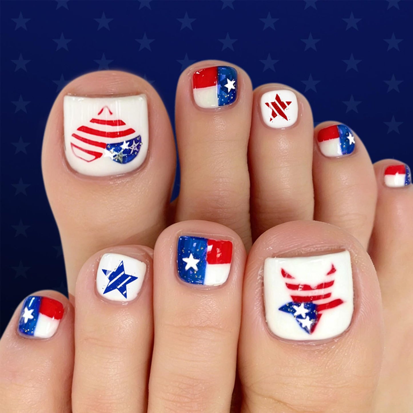 4th of July Press on Toenails Short Square Glossy Fake Toe Nails American Flag Star Heart False Toenails Red White Blue Checkered Toe Nail Press ons Acrylic Stick on Toes for Women 24Pcs