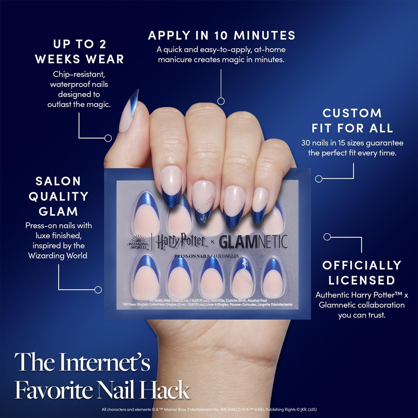 Harry Potter™ x Glamnetic Press On Nails - Ravenclaw™ | Blue French Tip Eagle Graphic Short Almond Fake Nails in a Chrome & Glossy Finish | 15 Sizes - 30 Nail Kit with Glue