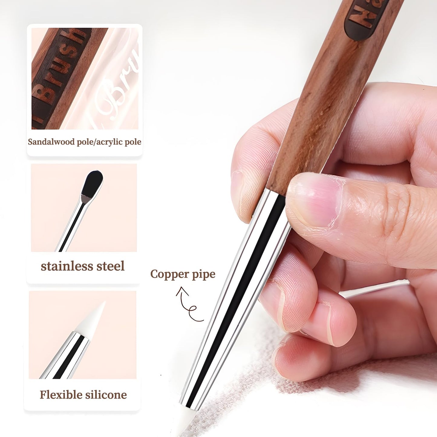 Double Nail Art Sculpture Pen: Silicone & Metal Dual Tipped Nail Brushes Silicone Nail Art Tools for Design Nail Foil Carving Drawing Shaping Effect Nail Art Pens for Home and DIY (Brown)