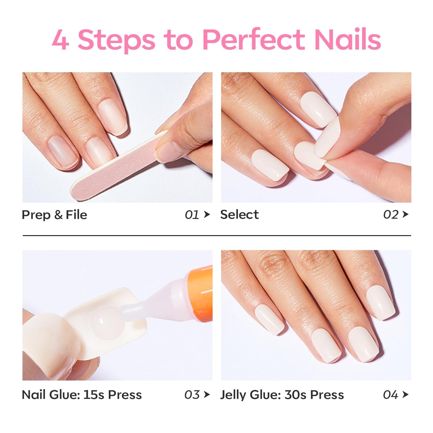 Modelones Extra Short Press on Nails, Baby Pink Squoval Fake Nails, Reusable Nail Kit with Nail Glue Adhesive Tabs Mini Nail File, Nails Press Ons 32Pcs 16 Sizes, Spring Women Girl Gift