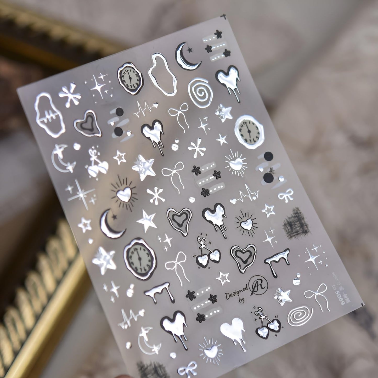 Silver Bow Heart Nail Art Stickers 5D Embossed Valentine's Day Nail Stickers Moon Star Nail Decals with Metal Design Clock Nails Supplies for Women Girls DIY Manicure