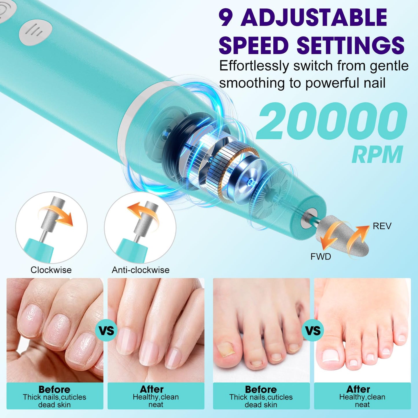Cordless Nail Drill, Super Lightweight Electric Nail File, Low Noise Electric Nail Drill with 9 Speed & LCD Display, Toenail Grinder for Thick Nail Toenail Cuticle Human Women Baby Pets
