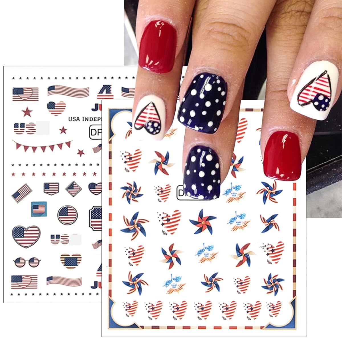 6Pcs Independence Day Nail Art Stickers Patriotic American Flag Heart Balloon Fireworks Nail Design 4th of July Nail Stickers 3D Self-Adhesive Star Nails Decals Decoration for Women DIY Nail Supplies