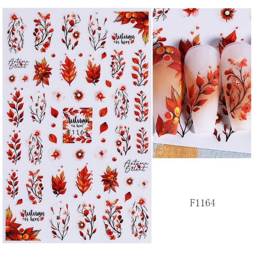 Fall Nail Stickers Mushroom Leaf Nail Art Stickers 3D Self Adhesive Maple Leaves Elk Nail Decals Autumn Thanksgiving Day Nail Art Supplies Orange Yellow Nail Design for Women 6 Sheets