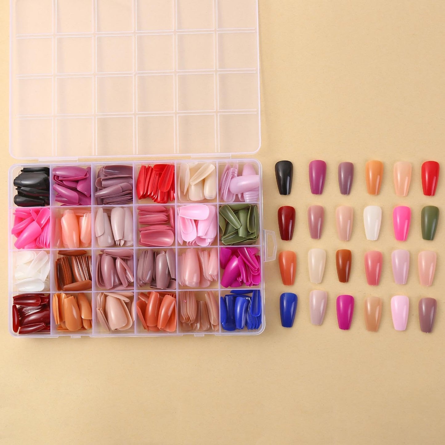 576Pcs Medium Coffin Press on Nails 24 Solid Color Fake Nails with Designs Short Ballerina False Nails Full Cover Color Glue on Nails Glossy Summer Stick on Nail Set for Women Girls Nail Art DIY