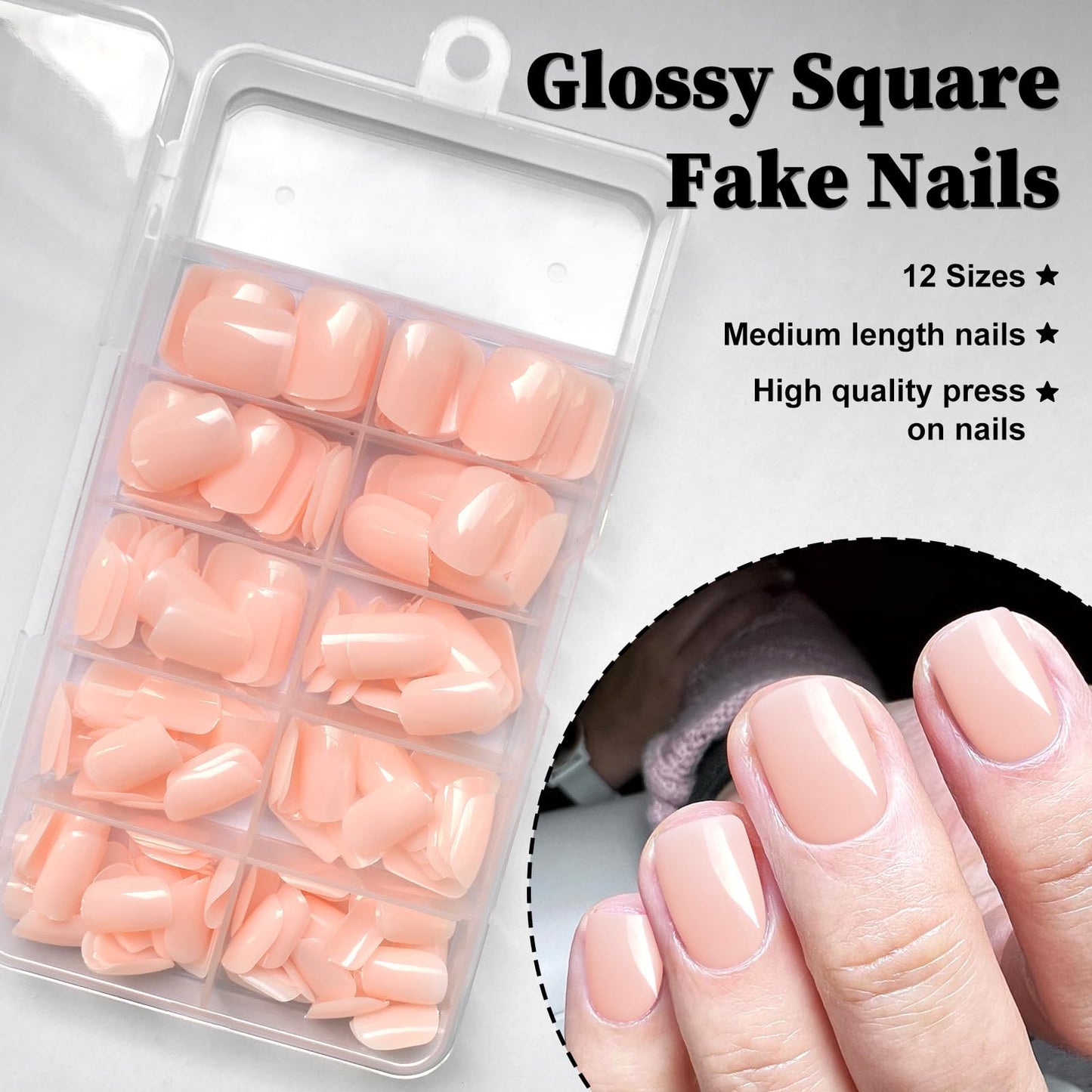 LuckForever Short Press on Nails 240pc Glossy Point Nude Press on Nails Short Square Round Fake Nails Full Cover False Nails with Nail Glue Adhesive Tabs Wooden Stick Nail Files for Women Girls Kids