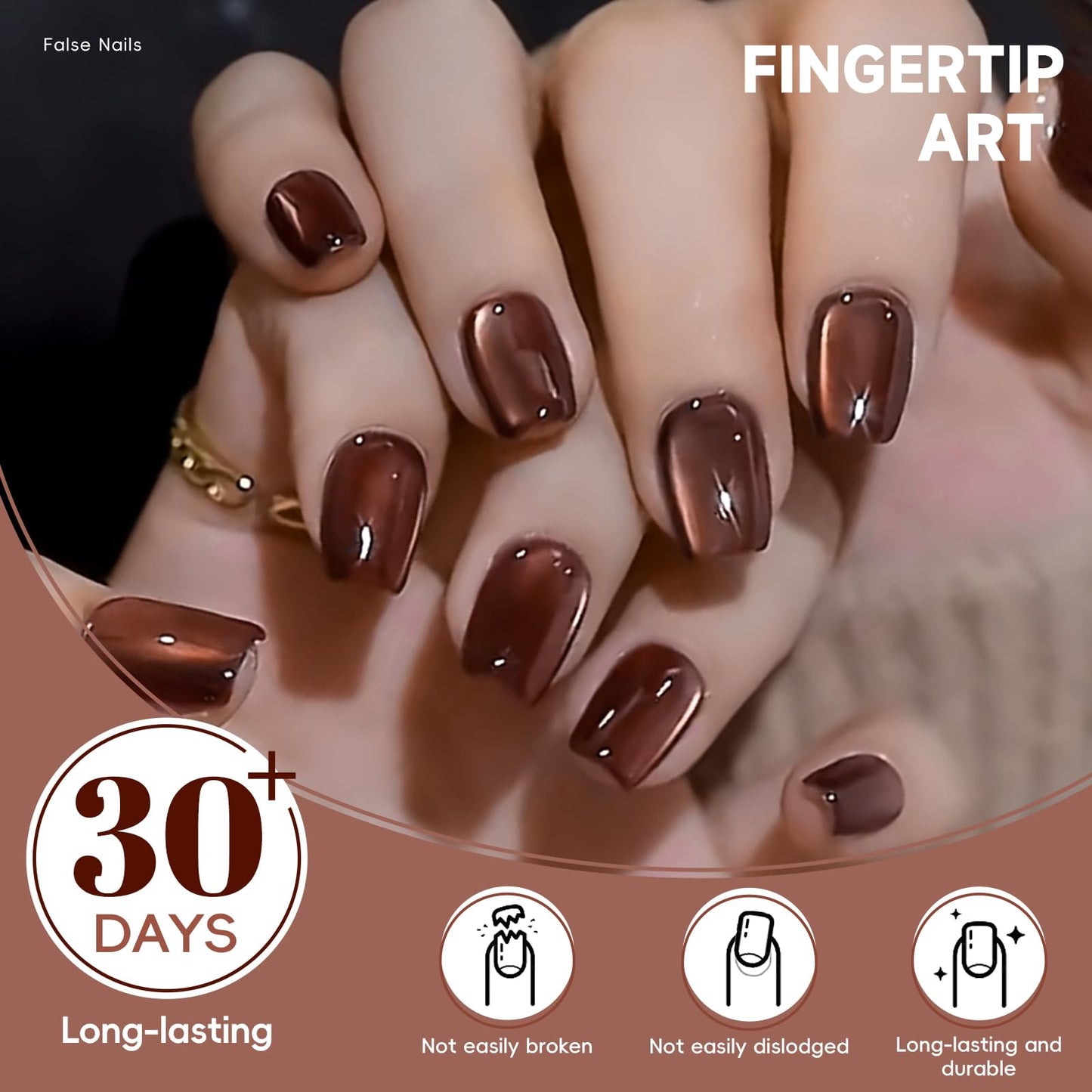 HOSAILY Dark Red Brown Cat Eye Press on Nails Almond, 30pcs Glitter Sparkle Fake Nails Short Coffin, Winter Xmas New Year Glue on Nails Press ons, Glossy Shiny Bling Natural Stick on Nails for Women