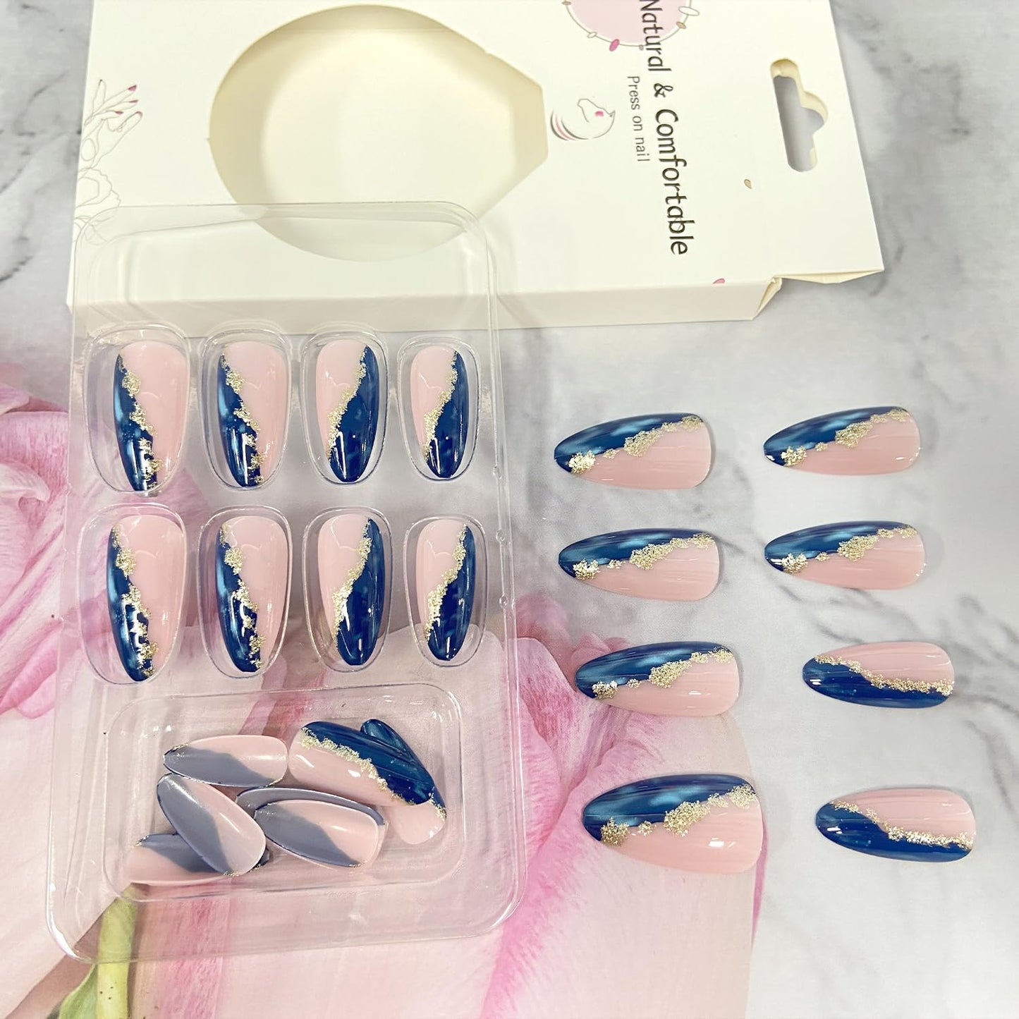 Gold Foil Blue Marble Fake Acrylic Nails Medium Almond Press on Nails Mirror Artificial Glue on Nails Full Cover Reusable False Nails for Women Girls DIY Nail Art