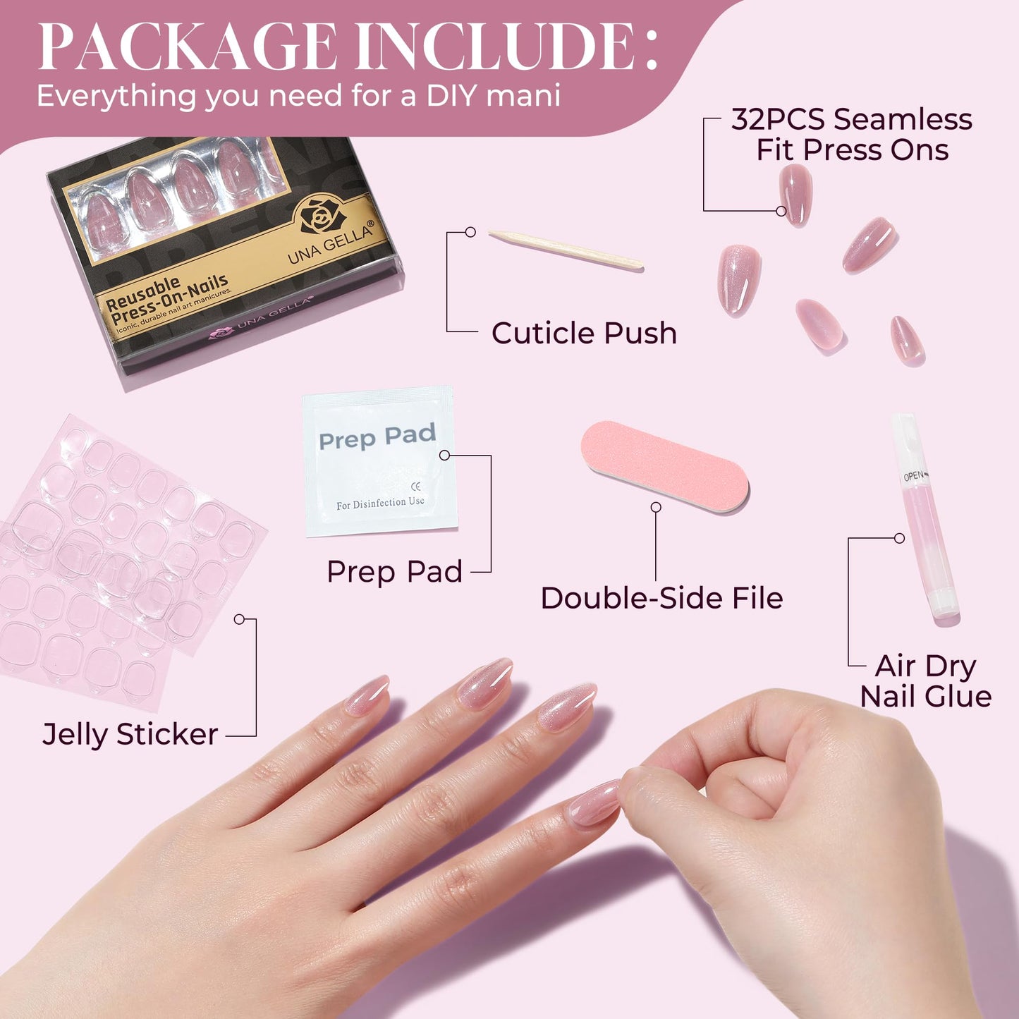 UNA GELLA Cat Eye Press On Nails: Almond Soft Gel Press Ons Short Kit with Nail Tips Glue on Nails, 16 Sizes - 32 Reusable Chrome Fake Nails Kit, Pink Rose