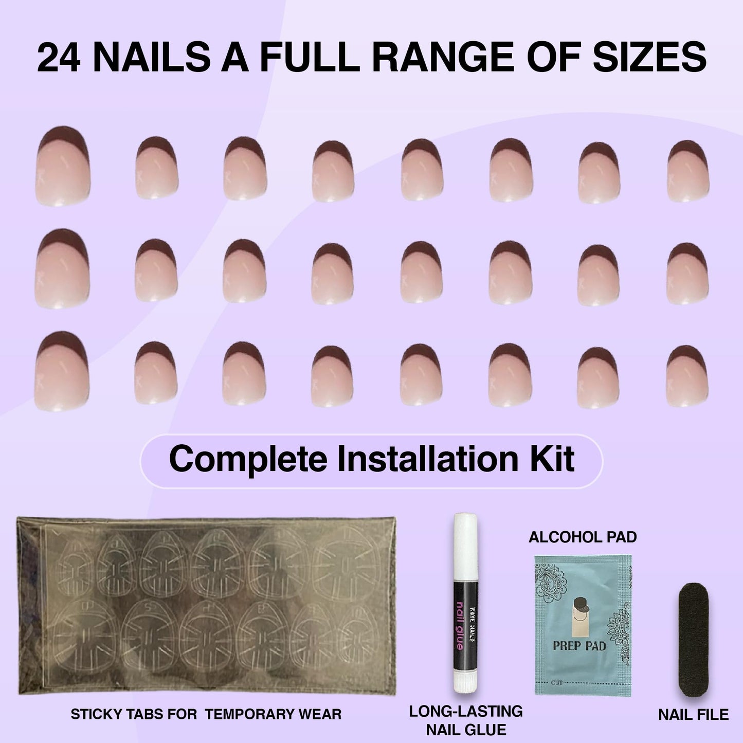 Rave Nailz Rodeo French Tip Press On Nails (24 Count) | Natural Base 3D False Oval Press On Nails Short with Brown Tip | Chip-Resistant Fake Nails with Glue, Includes File, Long-Lasting 2+ Weeks