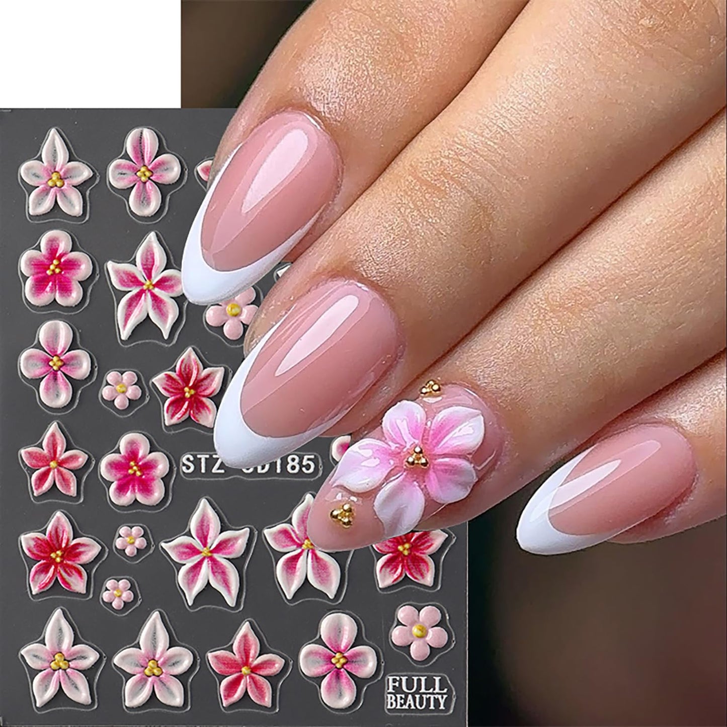 CJDLTS 2 Sheets 5D Flower Nail Art Stickers 5D Relief Self -Adhesive Cherry Blossoms Nail Decals Holographic Pink Cherry Blossoms Nails Stickers for Women Spring Acrylic Nails Decoration Supplies