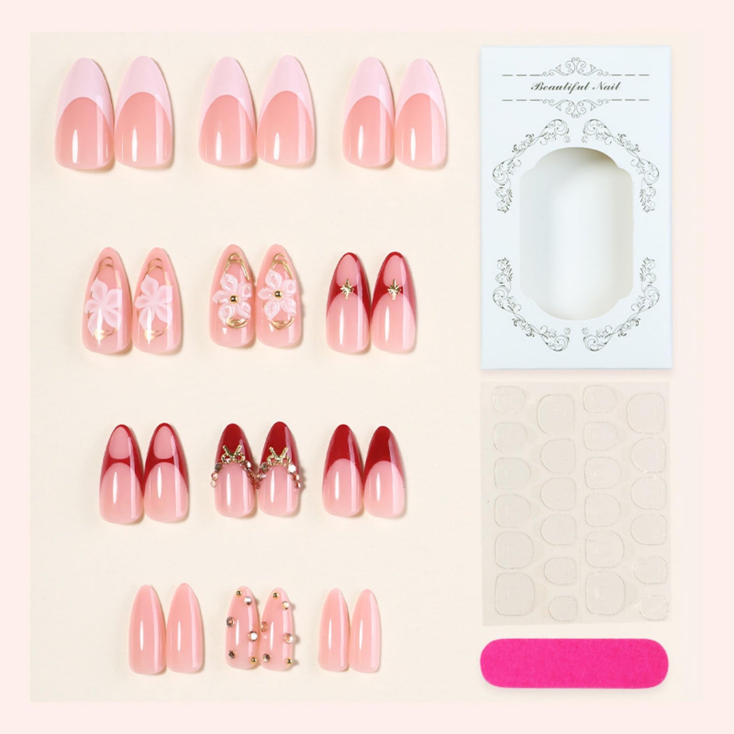 Almond Press on Nails Long Fake Nails Red Acrylic Nail Press ons Seeneey 3D Flowers and Gold Charm Designs Rhinestones Stick on Nail for Women 24pcs
