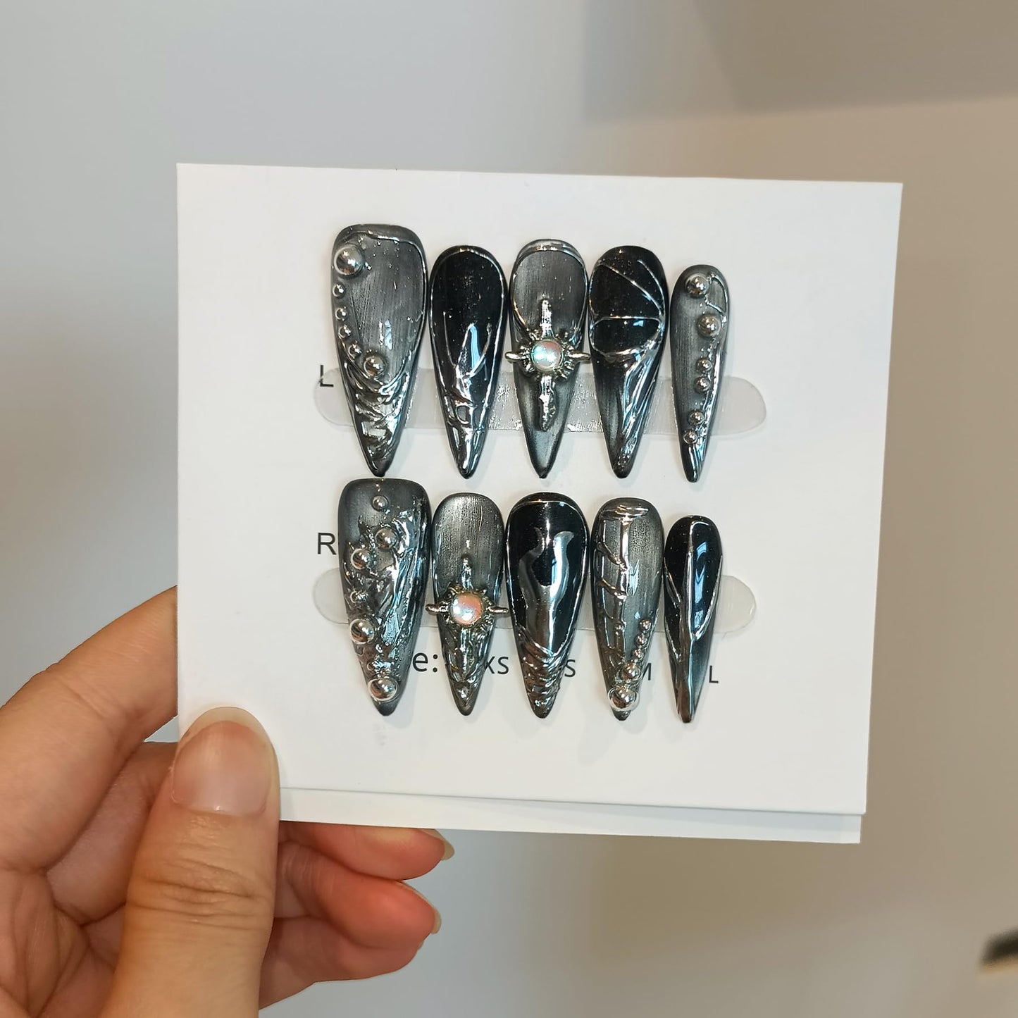 TENPAL Cat Eye Black & Mirror Powder Gradient Obsidian Press on Nails Long Stiletto,Hand-Painted Butterfly & Meteor Designs Fake Nails with Tools,3D Crystal Gothic Punk Nail Kit with Tools 10pcs(S)
