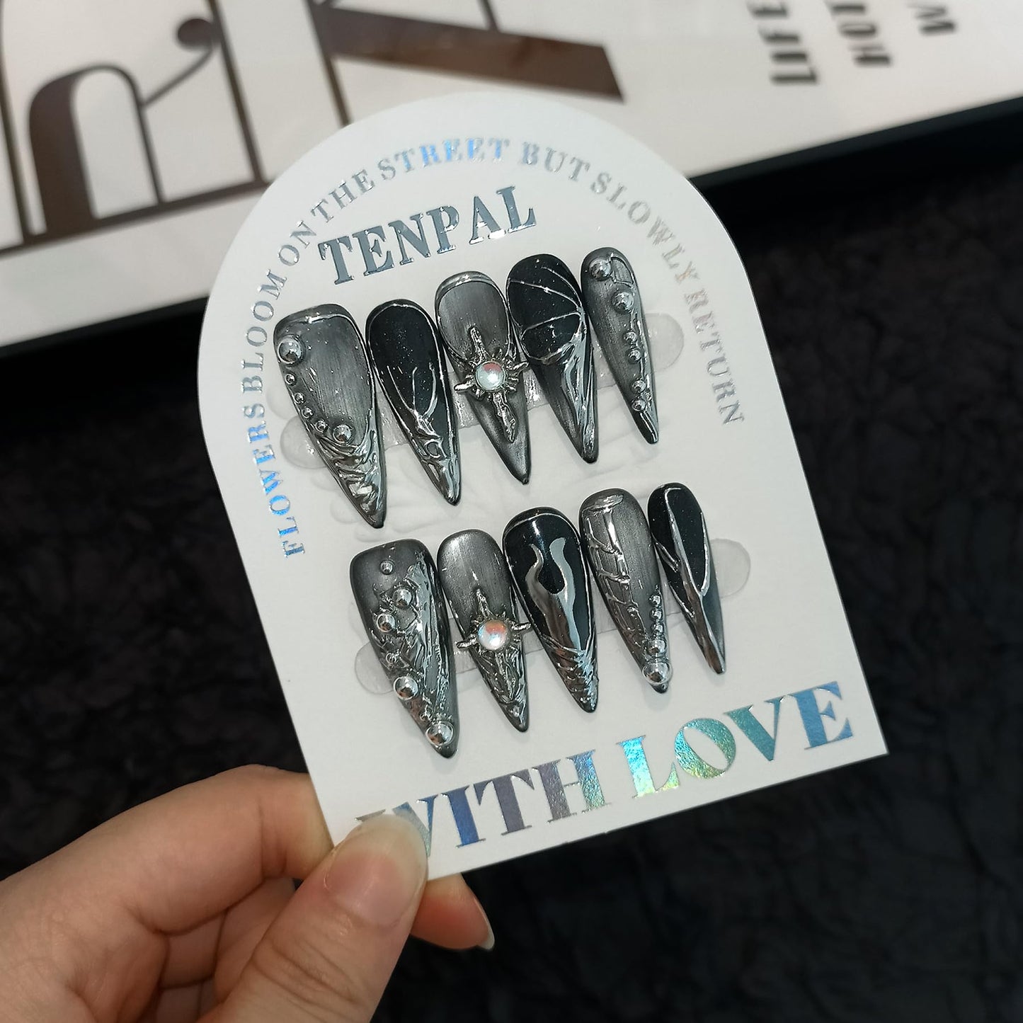 TENPAL Cat Eye Black & Mirror Powder Gradient Obsidian Press on Nails Long Stiletto,Hand-Painted Butterfly & Meteor Designs Fake Nails with Tools,3D Crystal Gothic Punk Nail Kit with Tools 10pcs(L)