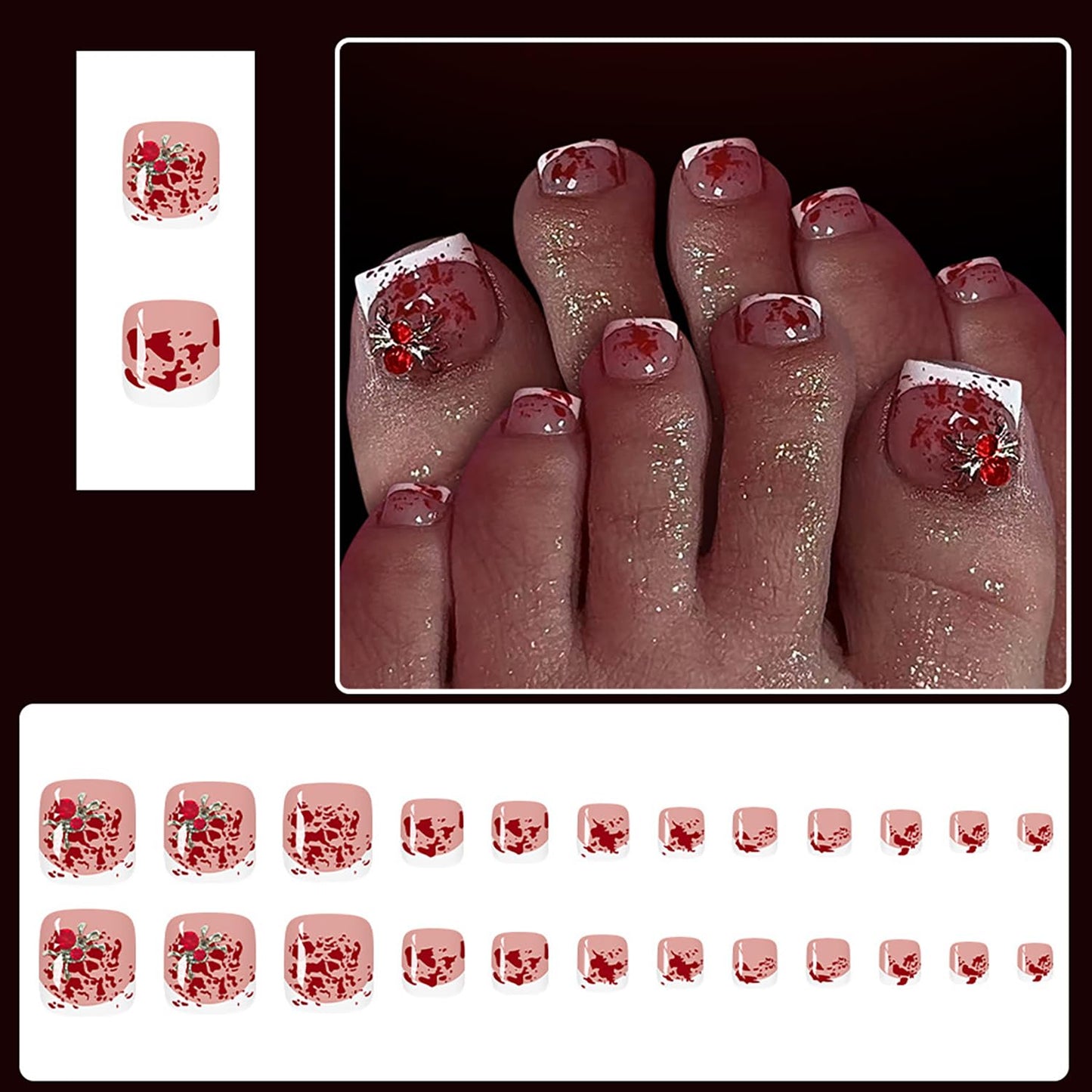 24Pcs French Tip Press on Toenails Short Square Fake Toe Nails with Bloody Designs 3D Spider False Toenail Glue on Nails Halloween Acrylic Nail Press on Spider Rhinestones Stick on Nails for Women