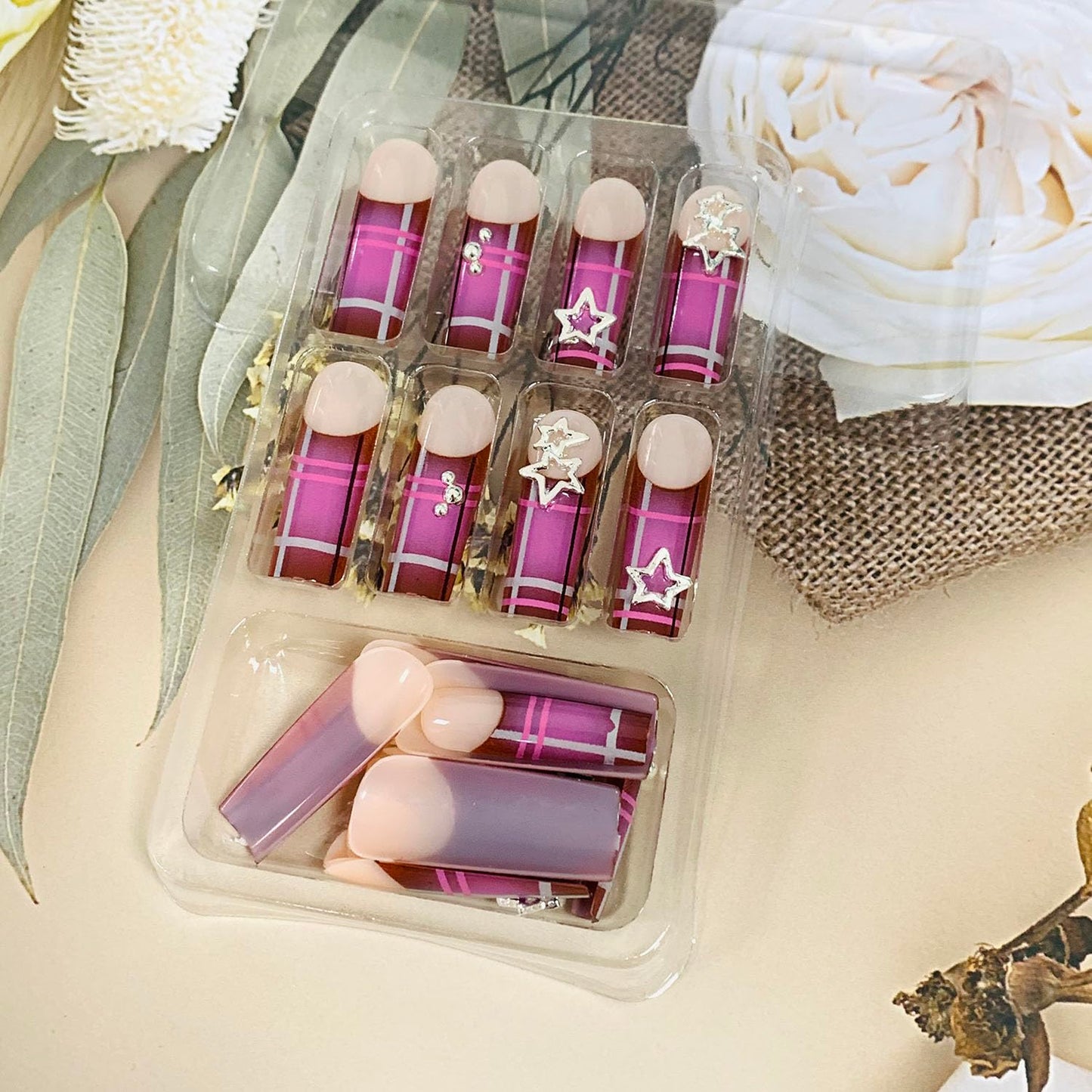 FIEONCIY Press on Nails Coffin Long Length Acrylic Glossy Full Cover Square Shaped French False Nails with Designs Artificial Extra Long Fake Nails with Charms Glue ons Fingernails for Women(FF04)