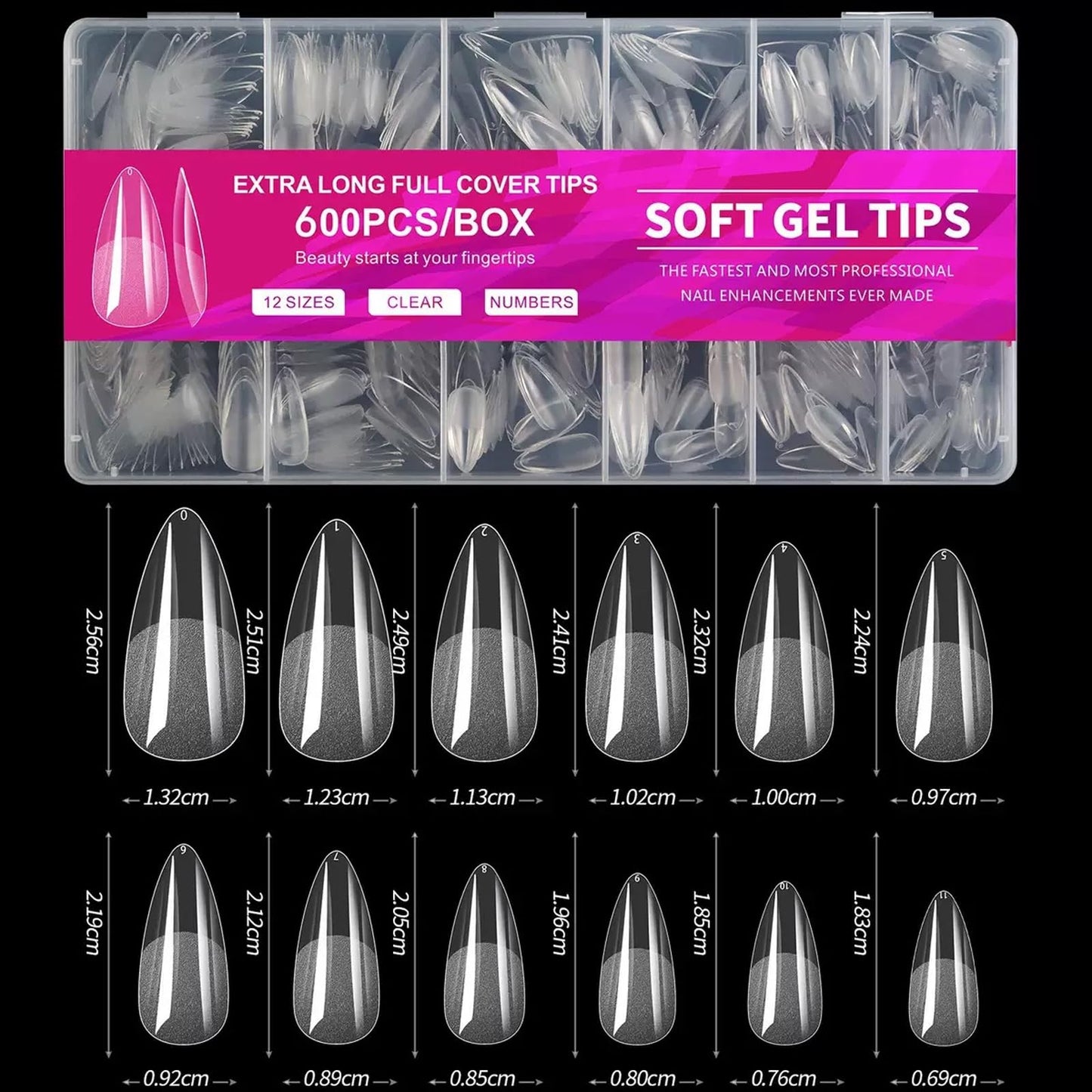 Medium Almond Nail Tips, 600pcs Soft Nail Gel Tips Pre-Shaped Acrylic Fake Nails, Half Matte Full Cover Clear Jelly Press on False Nail Tips for Extension Nail Manicure Home DIY 12 Sizes for Women