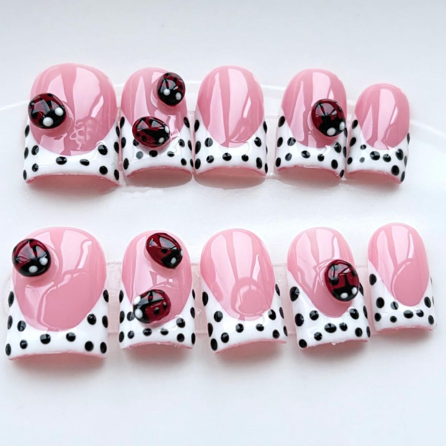 Threelegscat Short Handmade Duck Pink Press on Nails Acrylic White French Tips with Polka Dot Salon Quality Fake Nails 10 PCS Size M for Women & Girl,Daily Wear p10