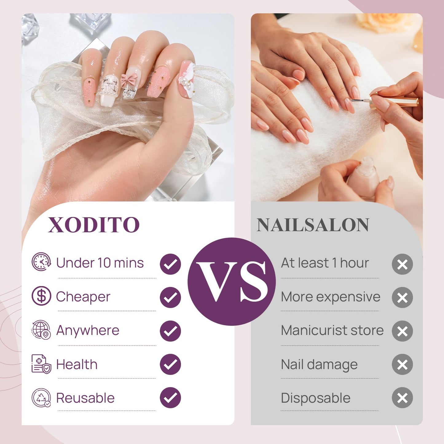 XODITO Fake Nails Set Pink Medium Square Bling Glossy 3D Bow Heart Rhinestone Pearl False Nail Tips, Press On Nails, Artificial Art Nails Finger Manicure for Women and Girls(CDJ0030-M)