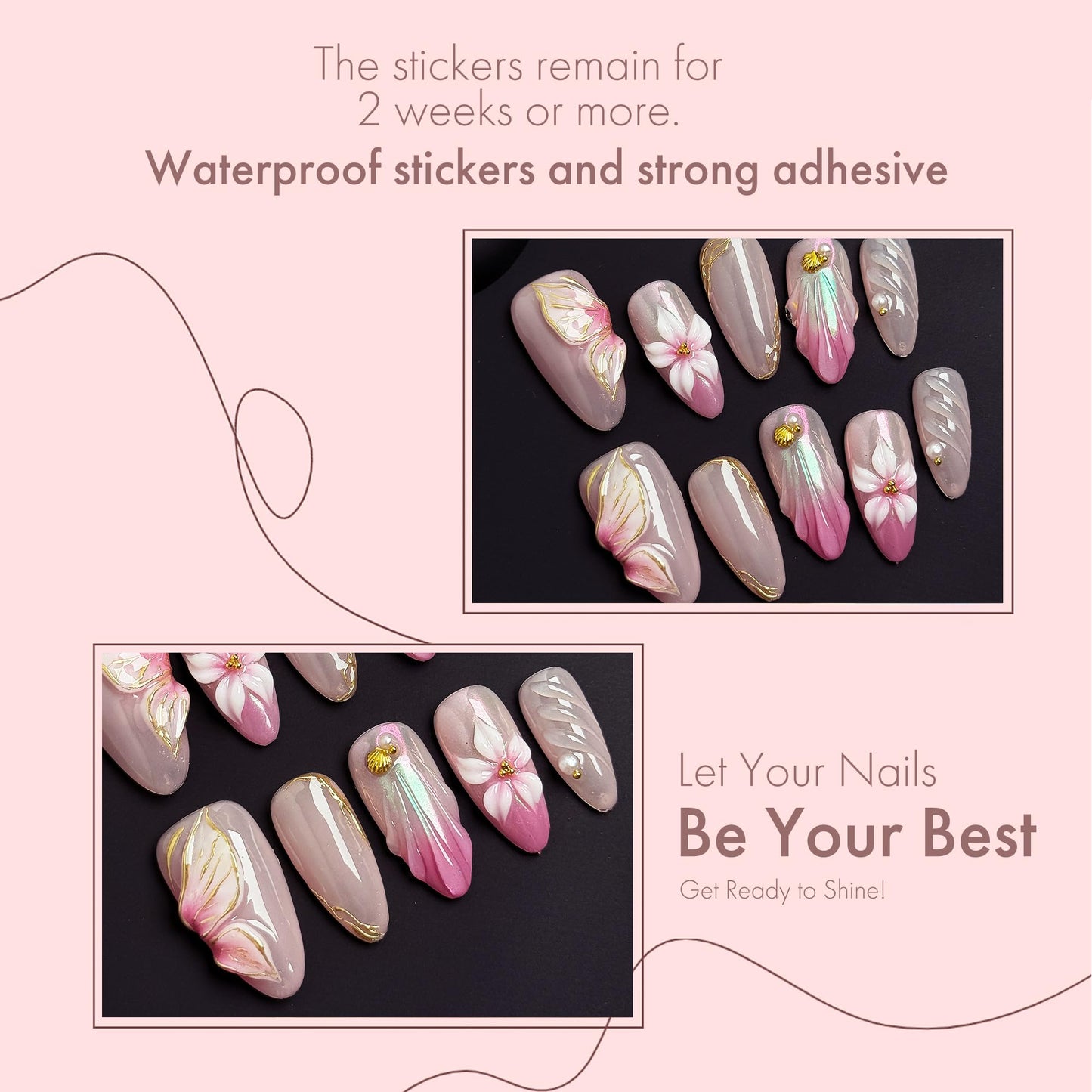 10 Pcs Press On Nails 3D Floral Pink Yellow Gradient Aurora Petal Gold Accent Soft Glam Artistic Fake Nails, Acrylic/UV Gel Romantic Summer Blossom Pastel Iridescent Wearable Nails (Multicolor, M)