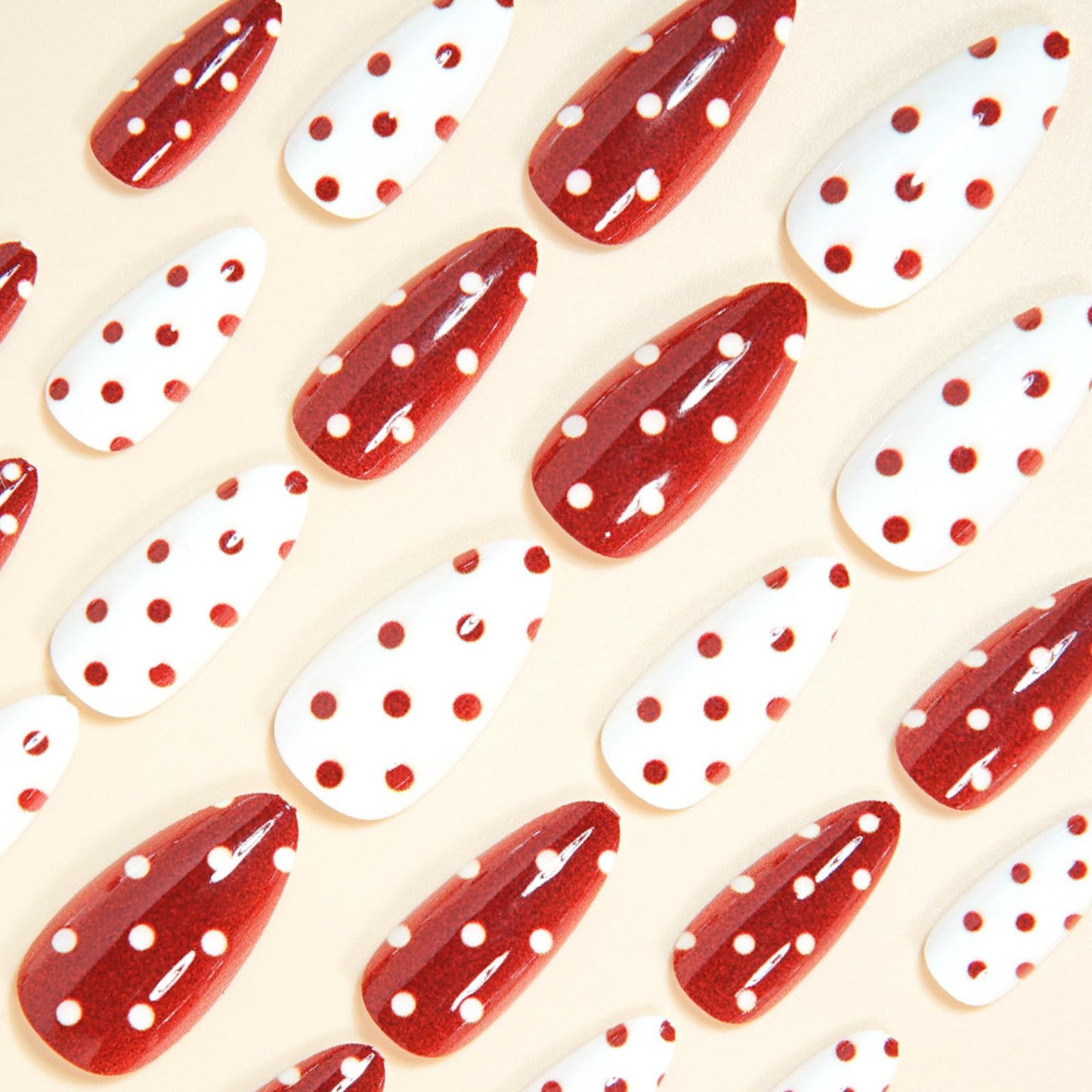 IMSOHOT Press on Nails Medium Almond Fake Nails Red White Polka Dot False Nails Glossy Artificial Handmade Acrylic Glue on Nails for Women Girls Manicure 24Pcs