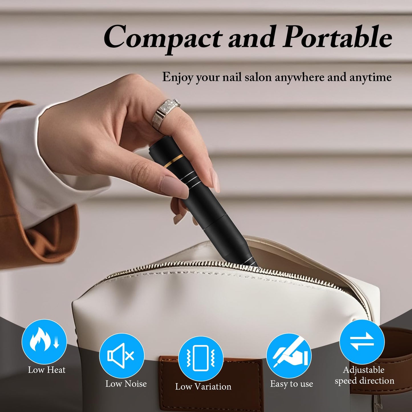 QPVZX Electric Nail Drill for Acrylic and Gel Nails, Low Vibration Ultra Quiet Portable E File Machine for Home Manicure and Pedicure, Nail Kit with Bits and Sanding Bands(Dark Black)
