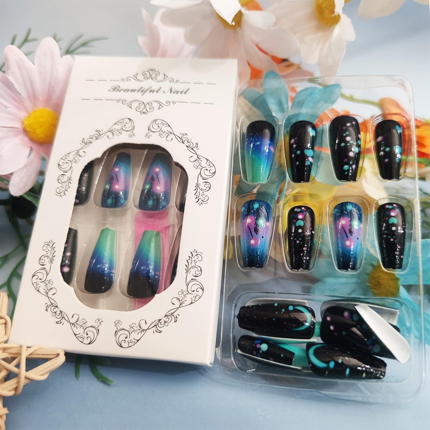 Starry Sky Press on Nails Nebula Acrylic Full Cover Fake Nails Milky Way Stick on Nail 24Pcs Glossy Blue Gradient Medium Coffin False Nail Purple Ombre Gel Glue on Fingernails for Holiday Manicure Art