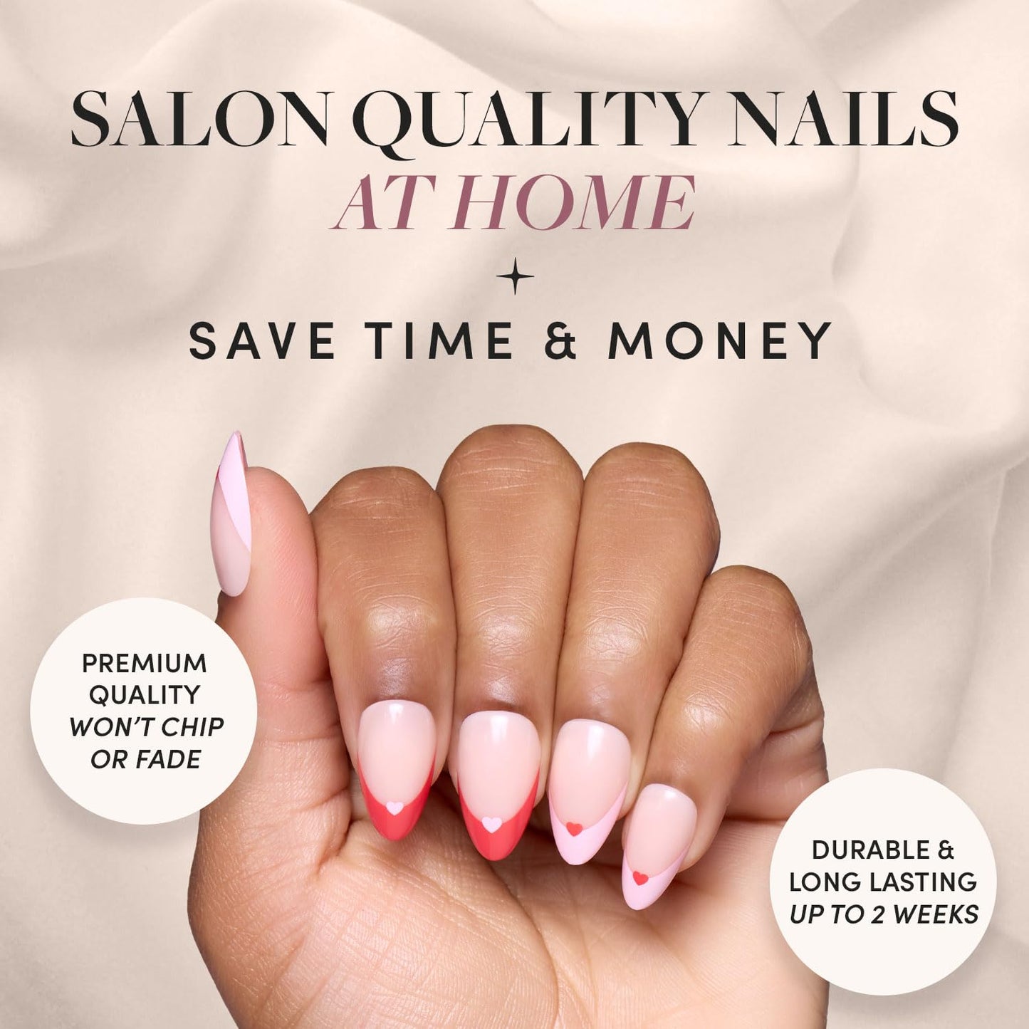 Glamnetic Press-On Nails Bundle - Pure Hearted & Caviar | Short Almond Fake Nails with Heart Accents | Short Almond Black French Tip False Nails | Reusable, Salon-Quality Nail Kits