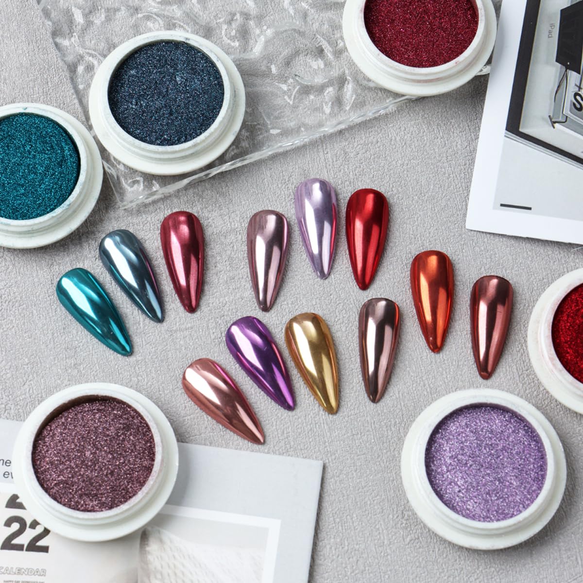 24Pcs Chrome Nail Powder Set - Metallic Mirror Effect Holographic Iridescent Aurora Mermaid Nail Powder Pigment Silver Red Green Gold Nail Chrome Powder for Nails Art Decoration(24 Eye Shadow Sticks)
