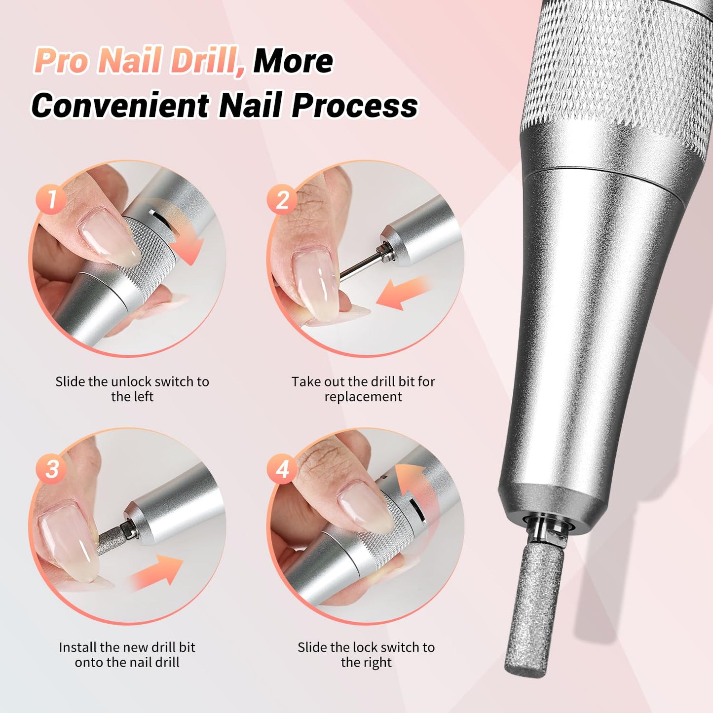 JEWHITENY Rechargeable Cordless Nail Drill for Beginners,Professional Nail Drill 45000RPM,SG717 Electric Nail File for Acrylic Gel Nails,Remove Nail Gel Polish(Pink)