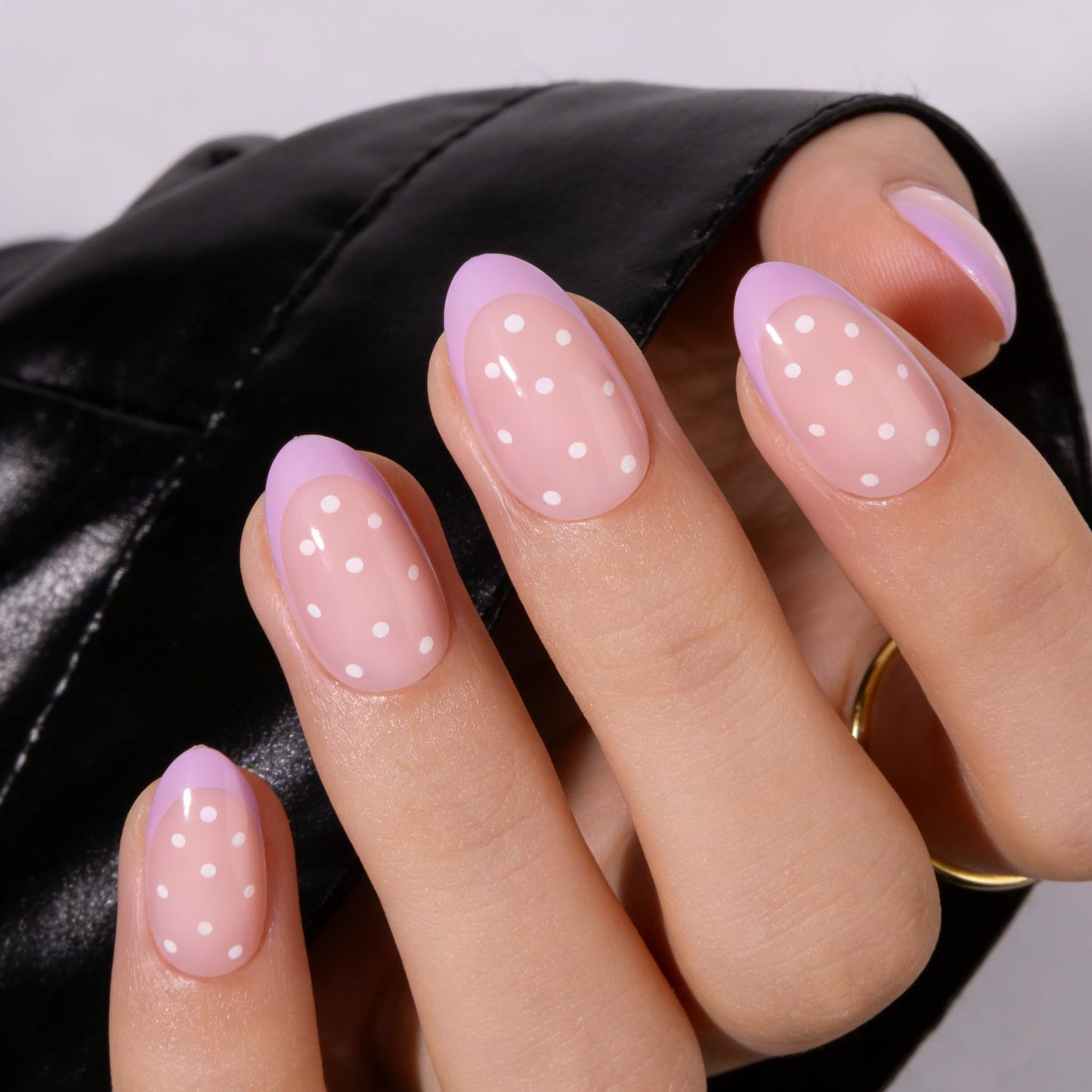 PILOLO Press On Nails Polka Dot Fake Nail Tips Adhesive Reusable Full Cover Acrylic False Nails Long Almond Stick On Manicure Set for Women Girls Gift (Barbie French Dot)