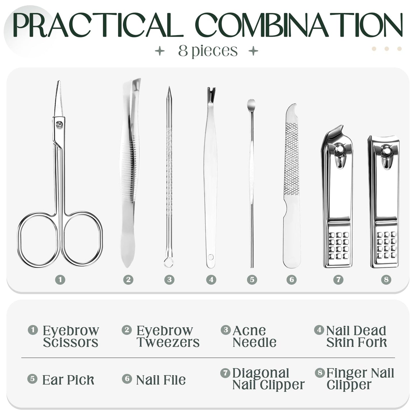 Geosar 12 Sets Manicure Set Nail Clippers Pedicure Kit 8 in 1 Grooming Stainless Steel Kits Nail Care Tools with Travel Case for Employee Coworker Teachers Nurse Gifts(Green)
