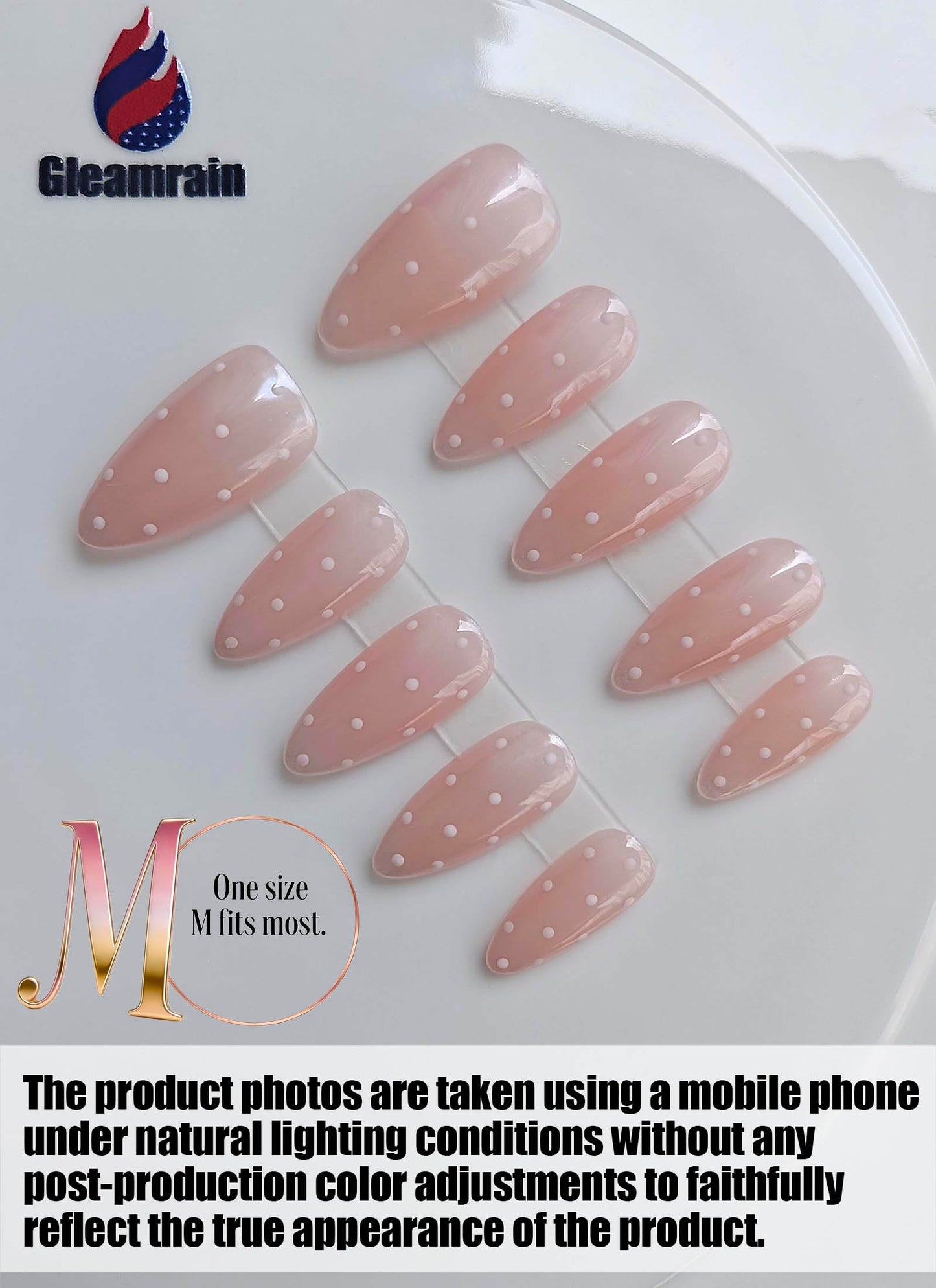Gleamrain 10pcs Almond Handmade Press-on Nails, Medium French Tip (M Size) - With Flower and Polka Dots Design, Pink,Suitable for Women Girls for Daily, Parties, Holidays and Proms,D210