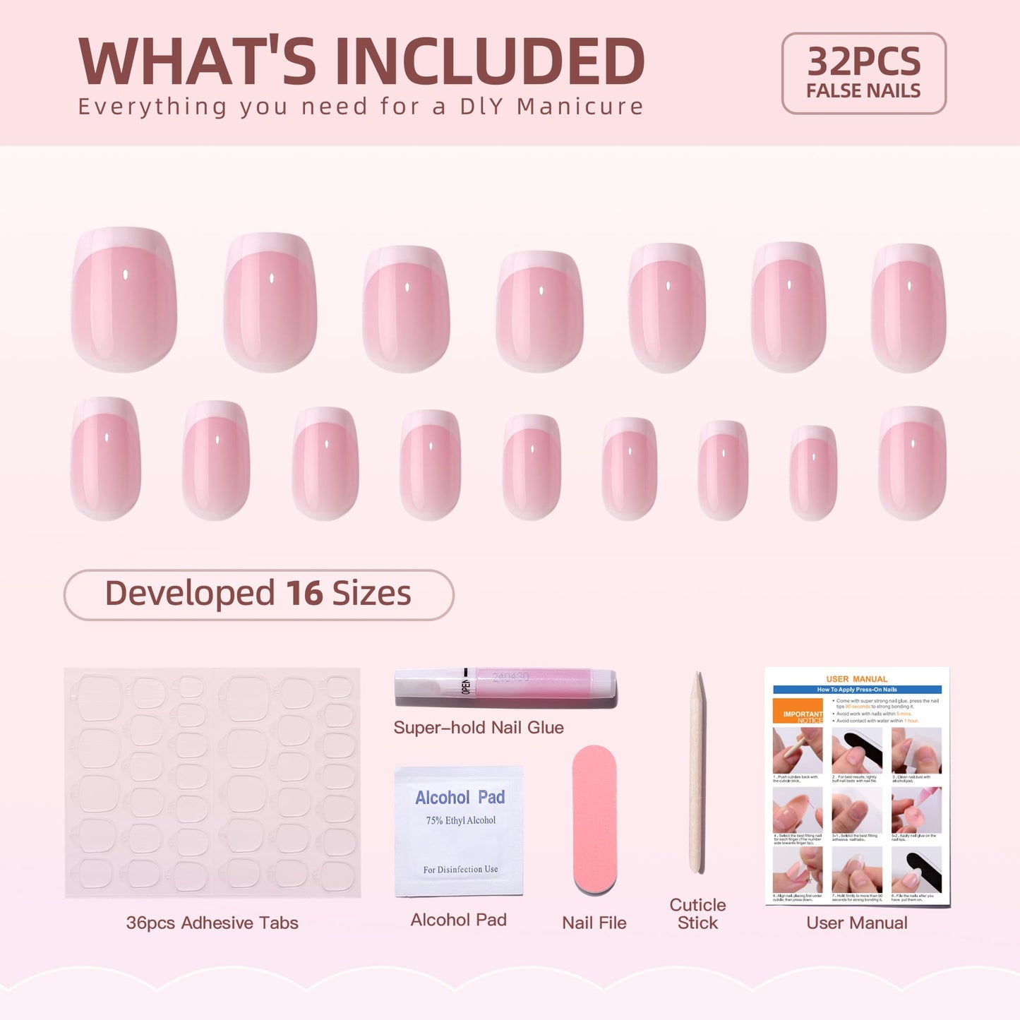 Hrnsnails Short Square Press On Nails, Glue On Nails Short Fake Nails with White French Tip Nails Glossy Designs, Nails Press Ons Soft Gel False Nails,Artificial Nails Stick On Nails for Women