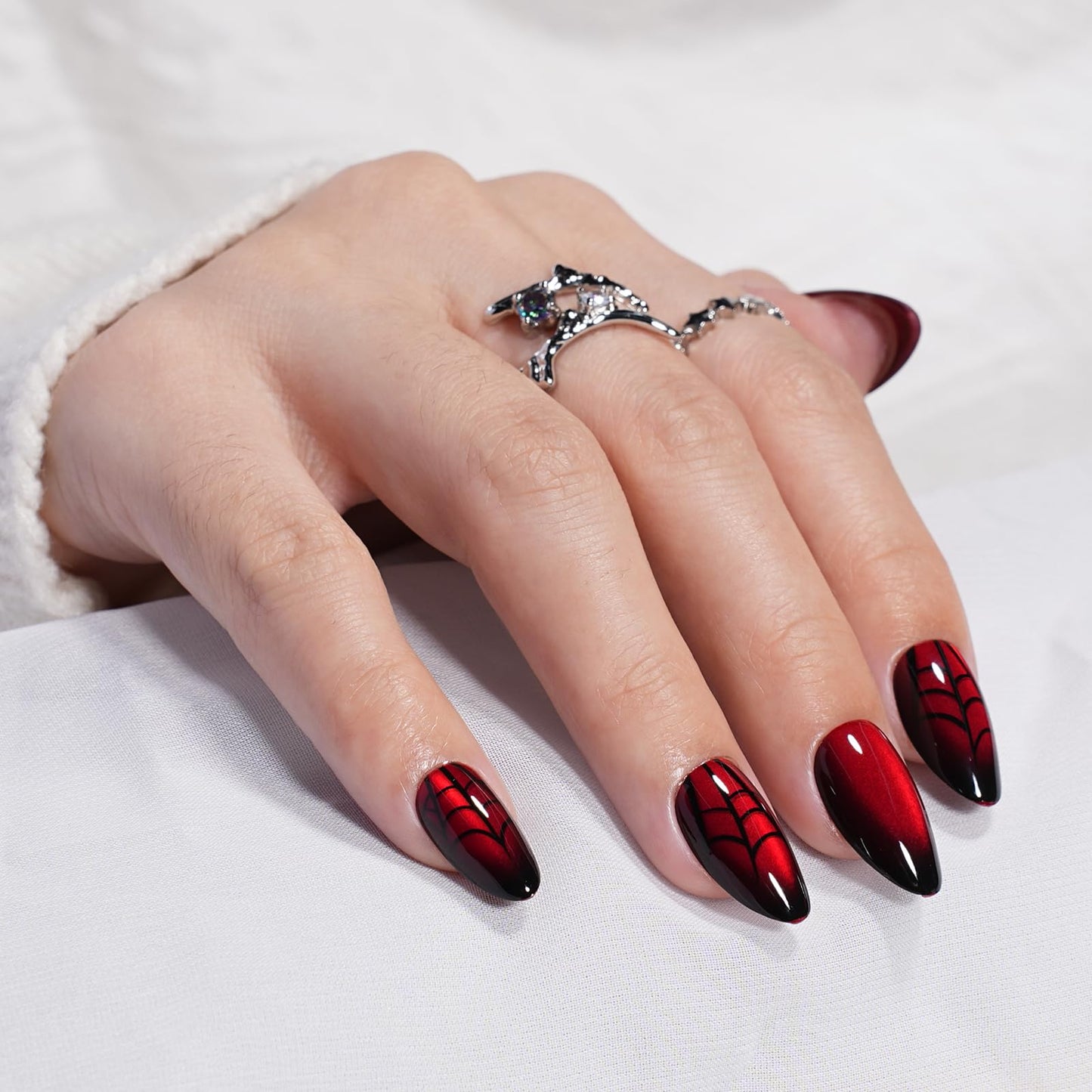 Sifvoo Red Spider Web Cat Eye Press On Nails Short Almond, Glossy Reusable Press On Nails for Women, 32 Count 16 Sizes Nail Kit with Glue (SV-10)