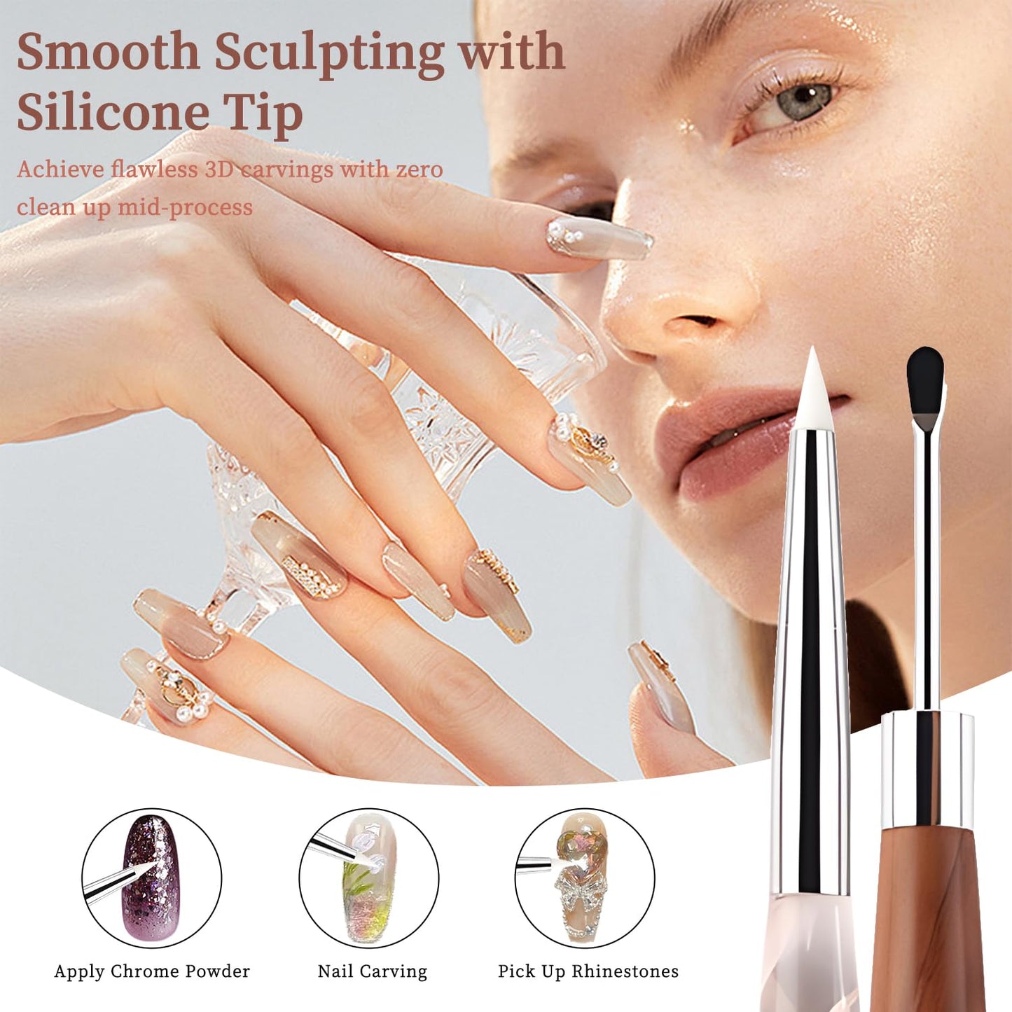 Double Nail Art Sculpture Pen: Silicone & Metal Dual Tipped Nail Brushes Silicone Nail Art Tools for Design Nail Foil Carving Drawing Shaping Effect Nail Art Pens for Home and DIY (Pink+Sandalwood)