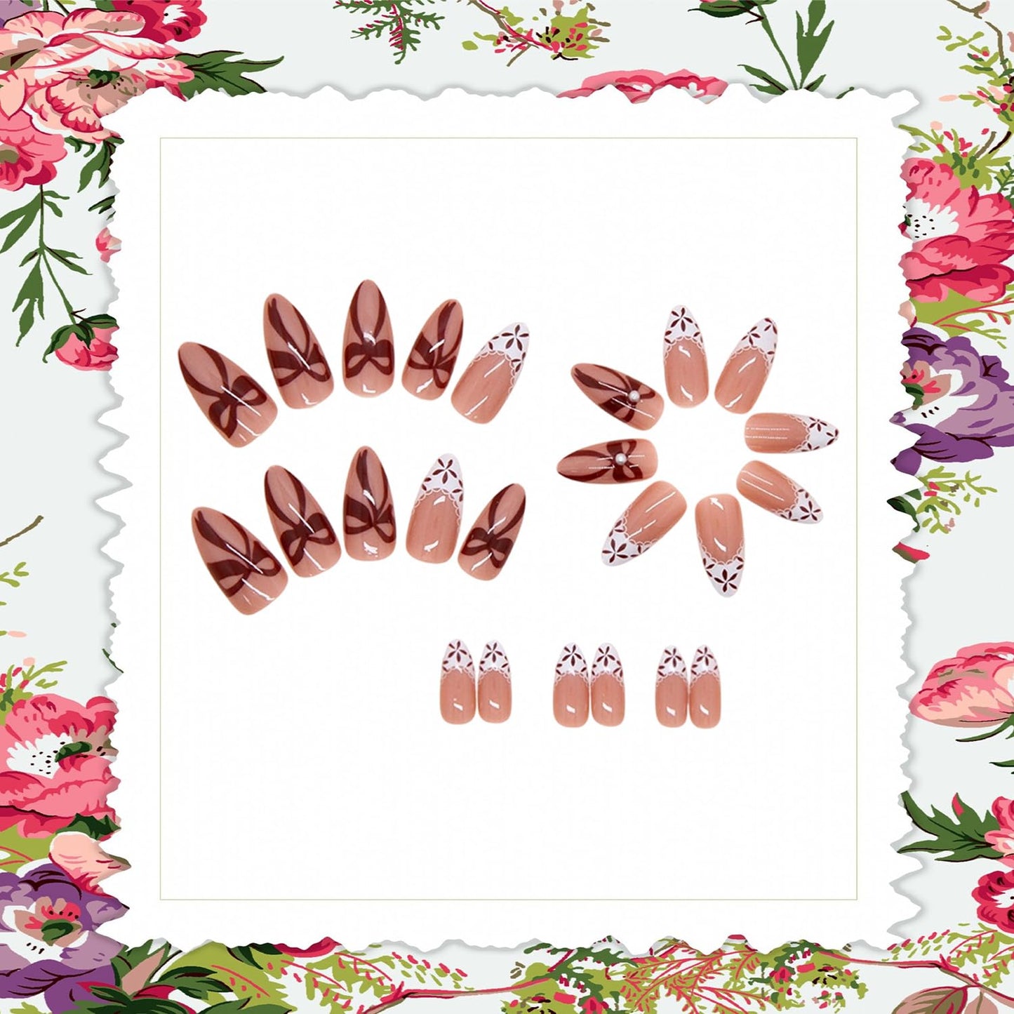CJDLTS Flower Press on Nails Almond Shaped Artificial Acrylic French White False Nails 3D Floral Red Bow with Pearl Spring Glossy Design Medium Coffin Nail Artificial Fingernails for Women Manicure