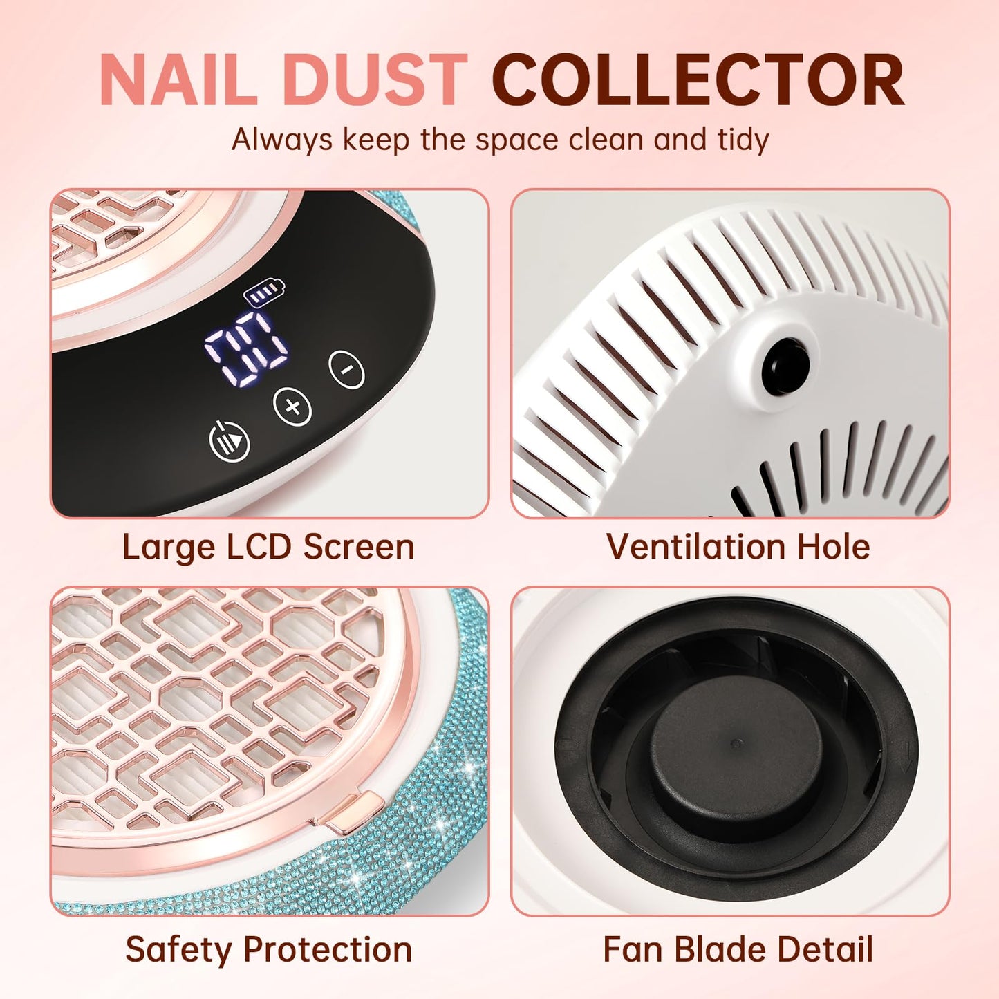 CHRISTINE SHELLY Nail Dust Collector, Cordless Dust Collector Nail Tech, Powerful Vacuum Fan Vent Dust Collector Extractor Dust Suction Machine for Acrylic Gel Polish,Salon & Home, Blue Diamond