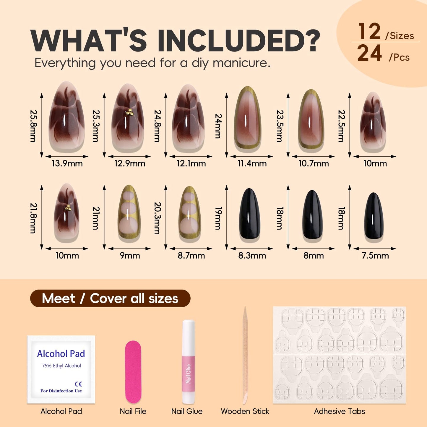 HOSAILY Brown Flower Ombre Press on Nails Medium Almond, Mirror Metallic Gold Floral Gradient Semi-Handmade Full Cover Stick on Nails for Women, 24Pcs Glossy Summer Fall Fake False Nail with Glue