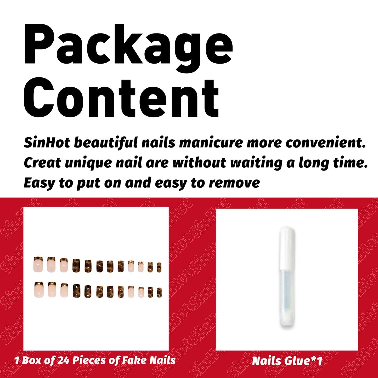 SINHOT Press on Nails - Short Square Fake Nails, Glossy Finish, Fall French Tip & Autumn Tortoise, DIY Artificial False Nail Art - 24 Pcs Nail Kit with Glue